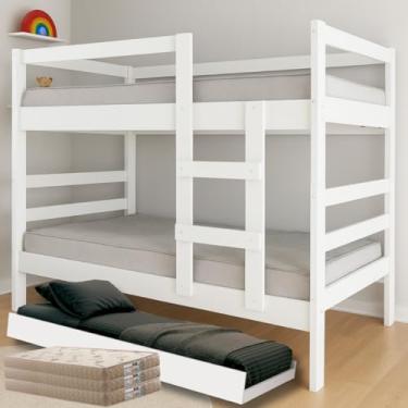 Imagem de Treliche com 3 Colchões D33 100% Espuma, 3 camas completas, Beliche com Cama Auxiliar, 188x88cm (Branco)