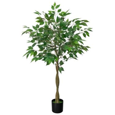 Imagem de MondayRug Ficus artificial com 3 troncos curvos naturais, árvore de ficus falsa de 1,2 m de altura em vaso de plástico resistente, planta sintética para escritório, casa, sala de estar, fazenda