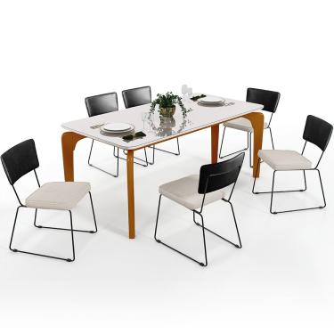 Imagem de Mesa De Jantar Capri 160cm Off White E 6 Cadeira Allana B05 Couríssimo Preto Linho Cru - Lyam Decor