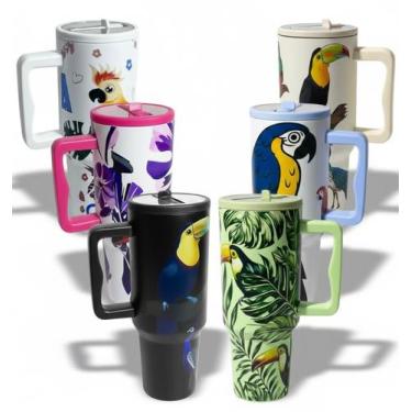 Imagem de Copo Térmico 1200ml MS-959 Estampado Pássaro com Alça, Canudo e Tampa 