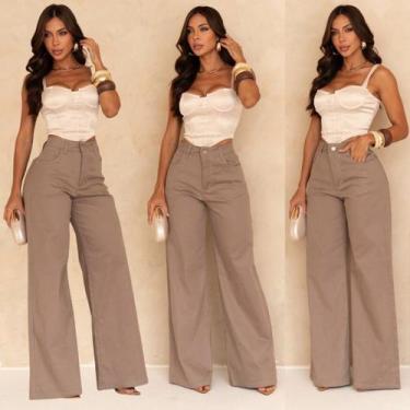 Imagem de Calça Wide Leg Feminina Sarja Cintura Alta Alfaiataria Conforto Elasta