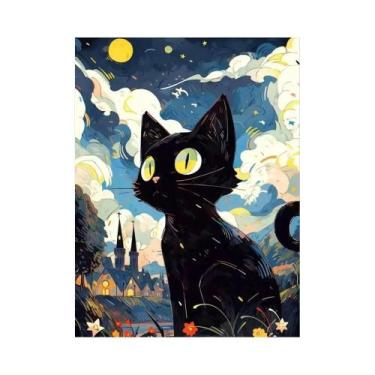 Imagem de Pintura Diamante DIY 5D Céu Noturno Com Gatos, Bordado De Diamantes Re