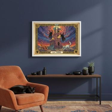 Imagem de Quadro Carta Tarot Gatos A Torre 70x50cm Mold Branca