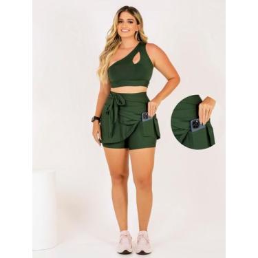 Imagem de Conjunto Fitness Feminino Short Saia Com Bolso + Top Cropped Moda Evan
