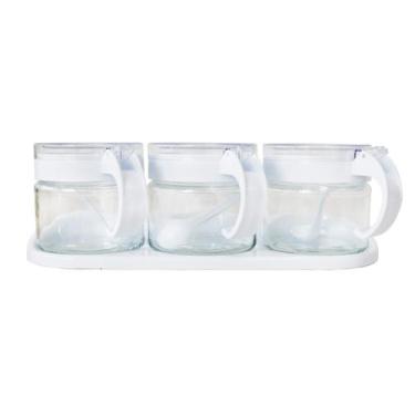 Imagem de Porta condimento de vidro 300ml com 3 pçs com colher  e suporte - Quer