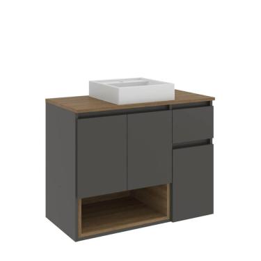 Imagem de Gabinete para Banheiro Suspenso 80cm com Cuba 3 Portas 1 Gaveta Aurora BL9240MA30 Cor Marrom/Grafite - FAEMA Móveis