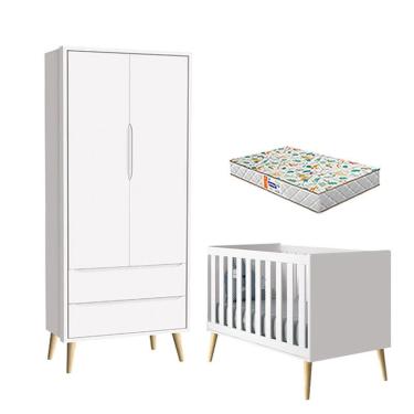 Imagem de Berço Americano e Guarda Roupa 2 Portas Theo Branco Pés Madeira Natural com Colchão Gaz...