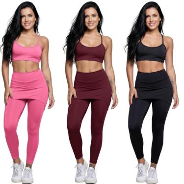 Imagem de KIT 3 Conjunto Top Alça Fina E Calça Saia Suplex Bella Fiore Roupa Para Academia Fitnes...