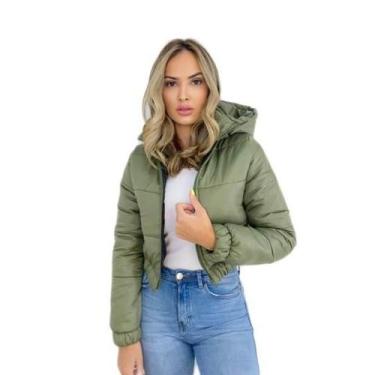 Imagem de Jaqueta Puffer Feminina Verde Militar Com Capuz Curta - Charme de Moça