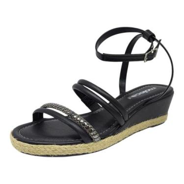 Imagem de Sandália Feminina Anabela Média Conforto Brilho Corda Moleca, Preto, B
