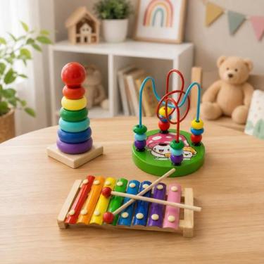 Imagem de Kit Brinquedos Educativos Madeira Autismo TDAH Pedagógico Xilofone Mus