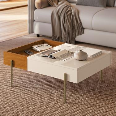 Imagem de Mesa de Centro Leme Retangular MDP Pés de Metal 84CM Cinamomo e Off White Madetec Móveis