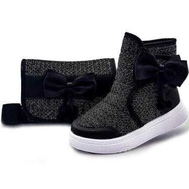 Imagem de Kit Bota Infantil Feminina Cano Alto Com Bolsa Menina Preta/Brilho Mzk