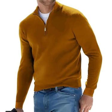 Imagem de Suéter Masculino Oversized De Tricô Com Gola V E Meio Zíper, Manga Lon