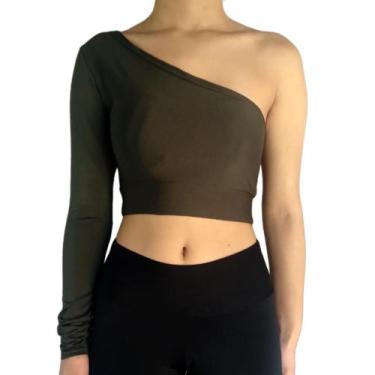 Imagem de Cropped Feminino Um Ombro Só Manga Longa Barra Liso Suplex PP ao Plus 