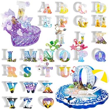 Imagem de Moldes de silicone de resina epóxi com letras do alfabeto e coração, conjunto de 27 peças, grande altura de 6 cm, para sabonete, vela, cera, gesso, artesanato de argila de polímero