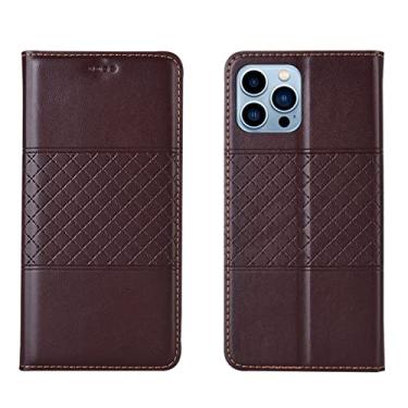 Imagem de LAHappyL Capa carteira flip para iPhone 13 Pro Max/13 Pro/13/13 Mini capa protetora de couro legítimo com função de suporte para cartões, absorção magnética oculta, marrom, 13 Pro 6,1 polegadas