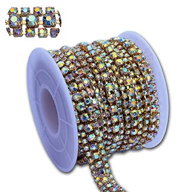 Imagem de 3 fileiras de strass de cristal, corrente de garra para aparar, corrente de contas de cristal para costura, artesanato, joias, decoração de casamento (AB Cor strass com base dourada, 2,6 m x 1,2 cm)