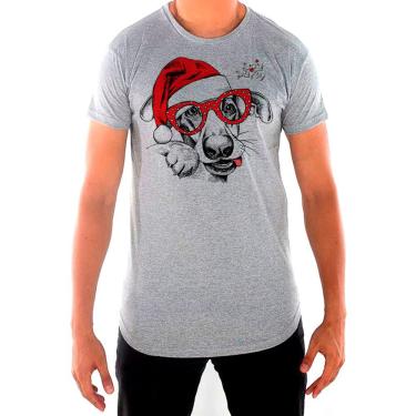 Imagem de Camiseta Masculina Longline Cachorro Com Gorro De Natal E Oculos Vermelho