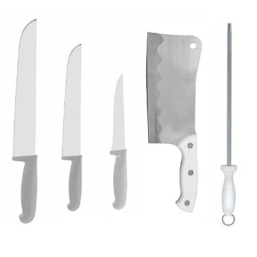 Imagem de Kit Faca Açougue Churrasco Cozinha 6 8 12 Cutelo 7 e Chaira 12 Cabo Branco - 5UN