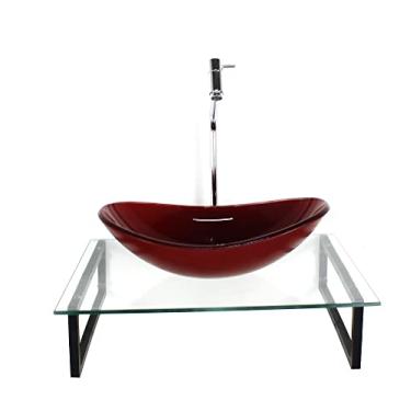 Imagem de KIT CUBA DE VIDRO OVAL 10MM VERMELHO CEREJA COM TAMPO 50CM INCOLOR E SUPORTE PRETO