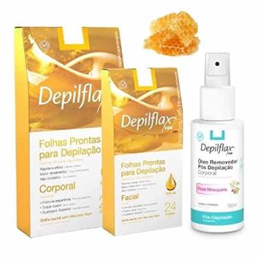 Imagem de Kit Folhas Prontas Depilação Facial/Corporal + Óleo Removedor de Cera 100ml Depilflax (Natural)