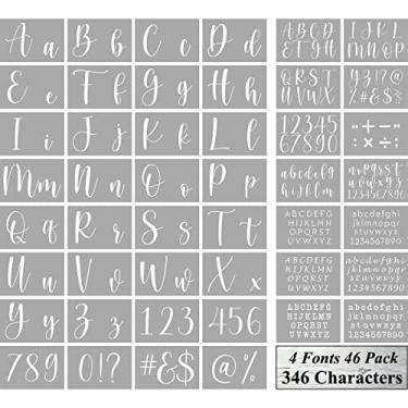 Imagem de Estênceis de letras para pintura em madeira - Pacote com 46 modelos de estêncil de alfabeto grande com números e sinais, letras e números reutilizáveis estênceis em 4 fontes e 346 designs para queima de madeira e arte de parede