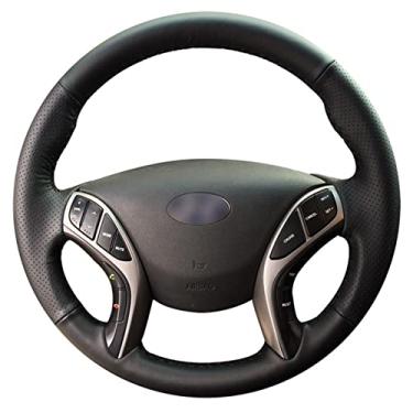 Imagem de Cobertura de volante de carro costurada à mão de couro preto faça você mesmo, para Hyundai Elantra 2011-2016/Avante i30 2012-2016