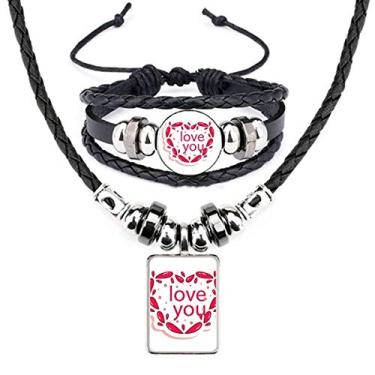 Imagem de Dia dos Namorados Coração Rosa Love You Conjunto de joias pulseira colar de couro