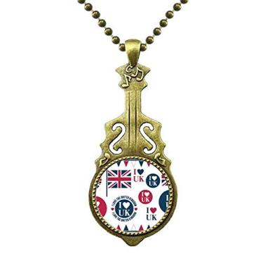 Imagem de DIYthinker Union Jack I Love UK Colar em formato de coração com pingente de música de guitarra antiga