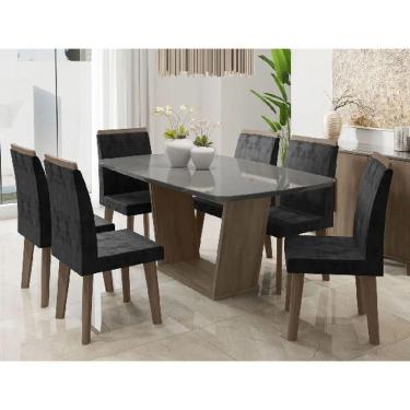 Imagem de Mesa de Jantar Diamante com 6 Cadeiras Freijó Cinza com Aveludado Preto Pés Oblongo - RV Móveis