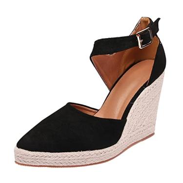 Imagem de Sandálias femininas plataforma, bico fino, alpargatas, sapatos de pescador, cunhas femininas novo verão 2022 tecido de palha de linho (preto, 37)