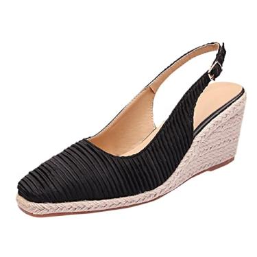Imagem de Sandálias de plataforma para mulheres verão novas sandálias anabela femininas elegantes alpargatas salto alto palha pescador sapatos de seda alpargatas (preto, 37)
