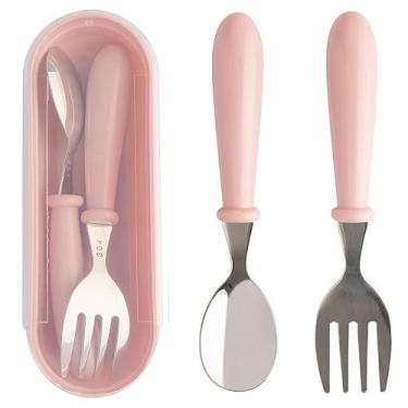 Imagem de Jogo Talheres Colher Garfo Inox Infantil Kit Com Estojo Bebê Introdução Alimentar Passeios e Viagens Rosa