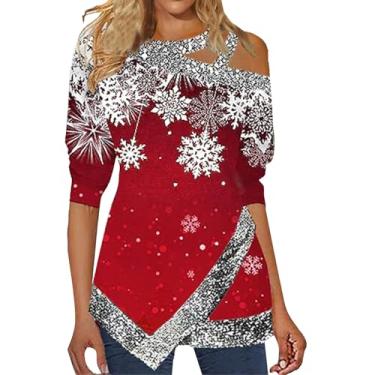 Imagem de Elogoog Camiseta feminina Merry Christmas Pullover Merry and Bright Off Shoulder Shirt Fashion Cute Christmas Tree Shirt, Vermelho, P