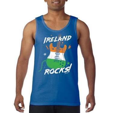 Imagem de Ireland Rocks Camiseta regata masculina com bandeira de guitarra Dia de São Patrício Shamrock Groove Vibe Pub Celtic Rock and Roll Clove, Azul, Small