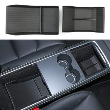 Imagem de BoxCheer Bandeja organizadora de console central para Tesla modelo 3/Y 2021 2022 2023 com apoio de braço, gaveta de cubo oculta, acessórios interiores, borracha TPE, 2 peças