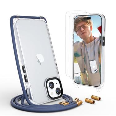 Imagem de UYMO Capa de telefone transversal para iPhone 15 Plus de 6,7 polegadas, capa transversal com alça de cordão de pescoço, capa transparente de policarbonato TPU com 2 protetores de tela de vidro