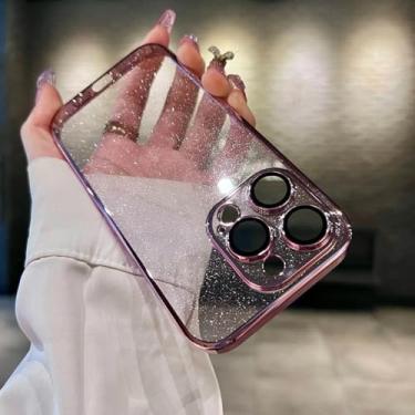 Imagem de Capa luxuosa transparente com revestimento de glitter para iPhone 15 14 Plus 13 12 Pro Max 15Pro Capa fina à prova de choque de plástico rígido, rosa, para iPhone 15
