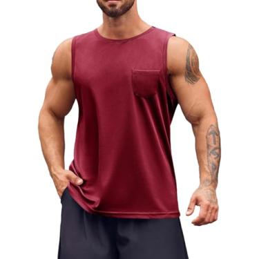 Imagem de Runcati Camiseta regata masculina sem mangas para ginástica atlética com bolsos, Vinho tinto, G