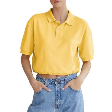 Imagem de Zwurew Camisa polo feminina cropped casual de verão manga curta com botão frontal gola V cropped, Amarelo, GG
