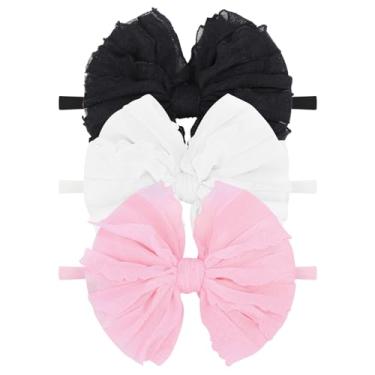 Imagem de Lanmerry Fitas de cabelo para bebês meninas, laços de cabelo de renda para recém-nascidos, acessórios de cabelo para bebês, meninas, preto, branco, rosa claro, 3 peças