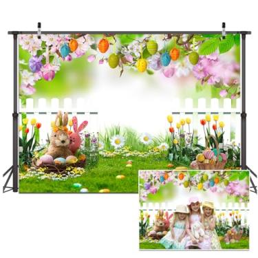 Imagem de Dudaacvt 2,4 x 1,8 m, primavera, jardim de Páscoa, primavera, gramado, gramado, rosa, floral, coelho, colorido, ovos, madeira, fundo de cerca, fundo de bebê, crianças, retrato de festa, banner D624