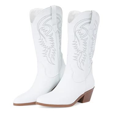 Imagem de AMINUGAL Botas femininas brancas de cowgirl bordadas, bico fino, botas caubói, botas de cano médio, botas de cano médio, F-branco, 37