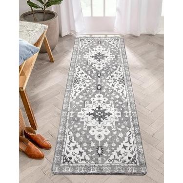 Imagem de Uphome Boho Vintage Tapete de corredor de banheiro cinza antiderrapante macio tapete de quarto lavável na máquina tapete de cozinha oriental tradicional tapete floral tribal para corredor, entrada de