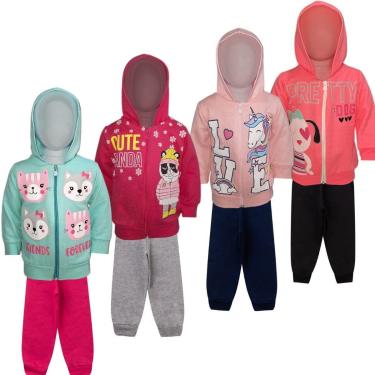 Imagem de Kit 4 Conjunto Moletom Infantil Feminino Blusa Calça Flanelado Capuz Ziper Punhos Inverno 01-03-Feminino