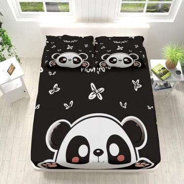 Imagem de Jogo de lençol casal preto e branco, 4 peças, estampa de panda, animal e panda, 40,6 cm, lençol de cima com 2 fronhas, para decoração de quarto de crianças e adolescentes