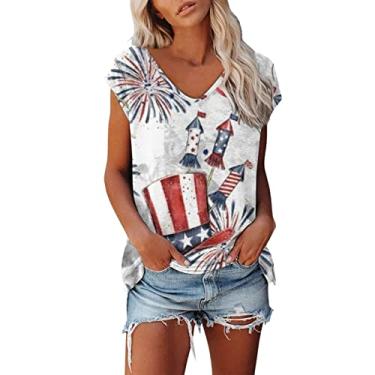 Imagem de Camiseta feminina bandeira americana 2024 com estampa do Dia da Independência, manga curta, gola V, 4 de julho, blusa túnica patriótica, Branco, XXG