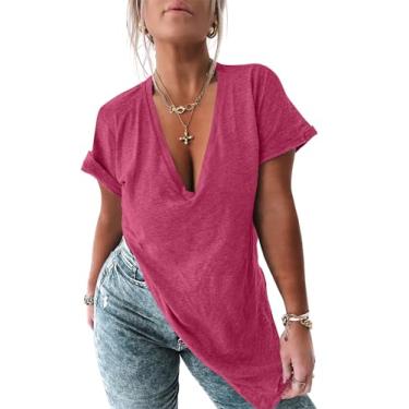 Imagem de Tankaneo Camiseta feminina de manga curta com decote em V profundo e fenda lateral grande para o verão, Vermelho rosa, GG