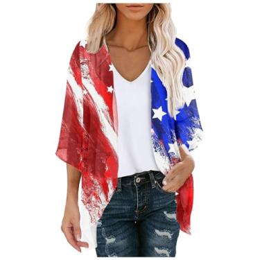 Imagem de Camiseta feminina com bandeira americana 4 de julho camiseta com estampa de estrelas patrióticas do Havaí floral listras EUA camiseta de manga curta, Vermelho, M